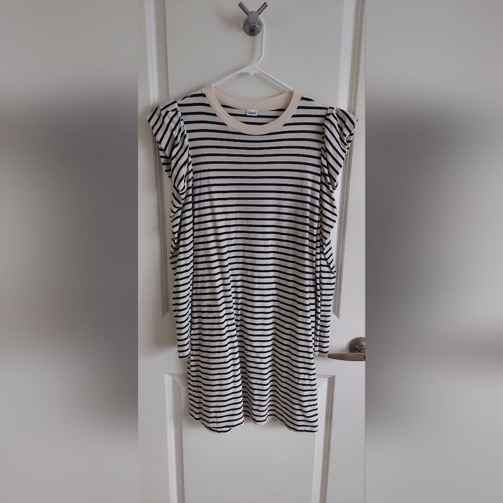 Clare V Cream and Blue/Black Striped Dress